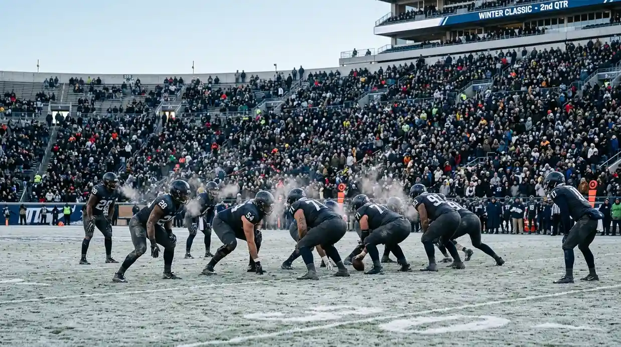 Frost-covered NFL field with steam rising from players during a sub-freezing American football game