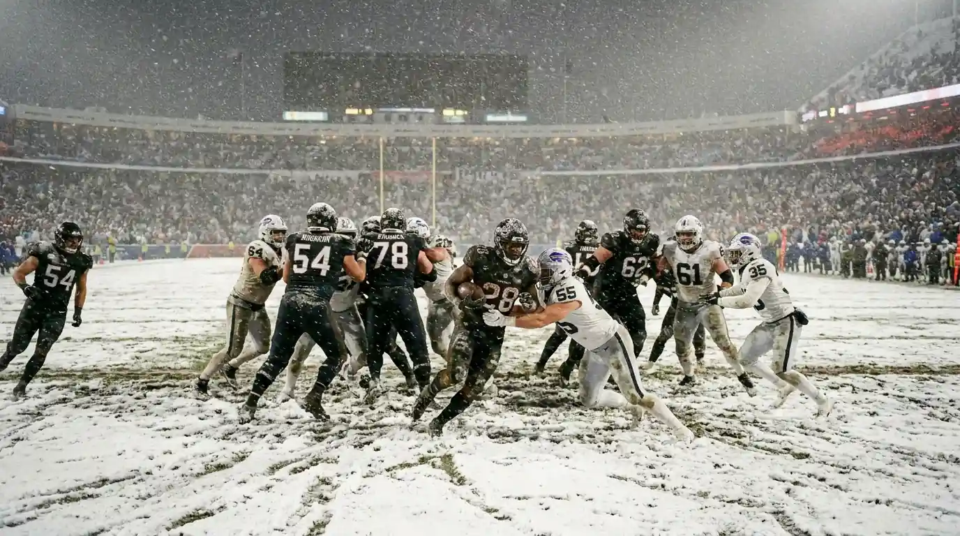 NFL players competing during a heavy snow game on a white-covered American football field